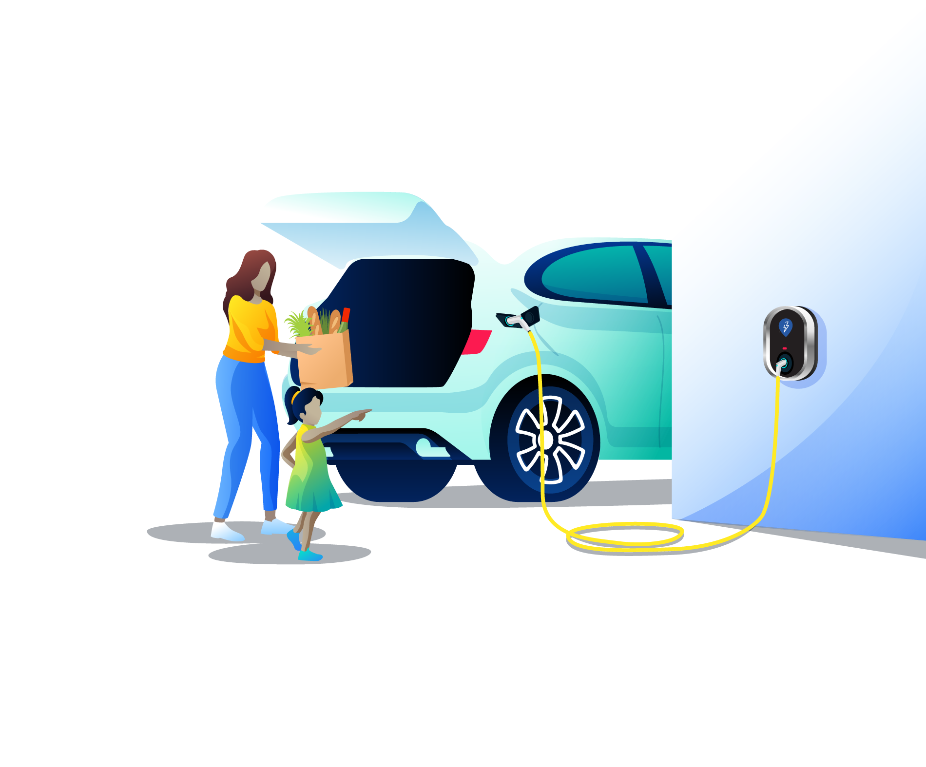 Illustration of a charging ecar, mother and child are offloading groceries from the trunk.